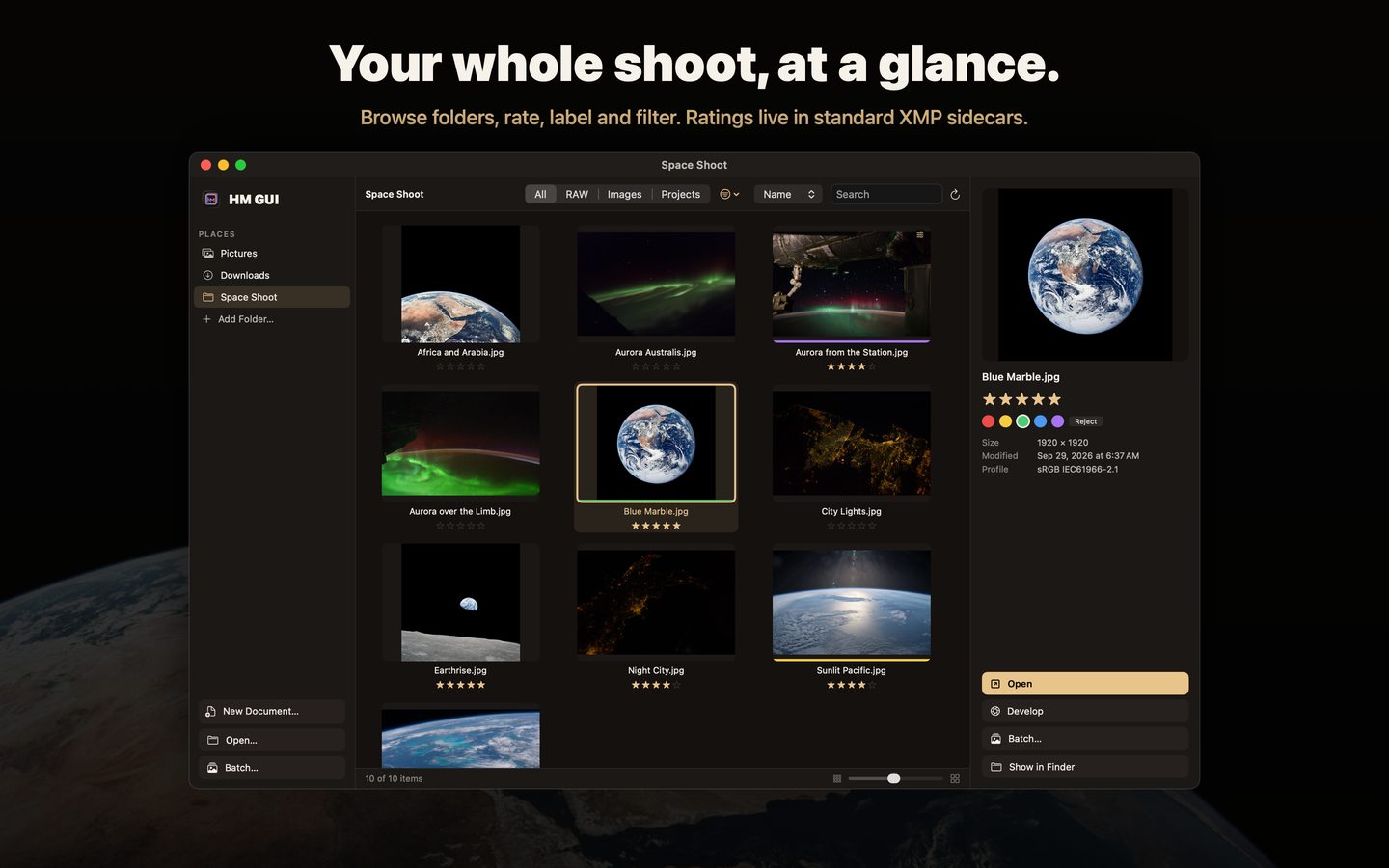 The HM GUI photo browser with star ratings and color labels
