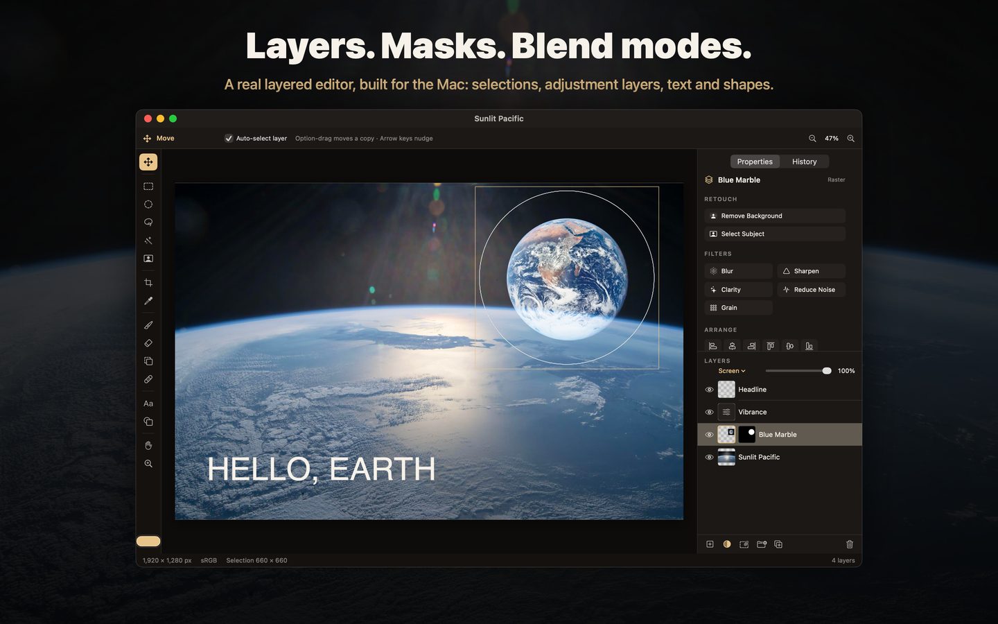 The HM GUI editor with layers, blend modes and a selection