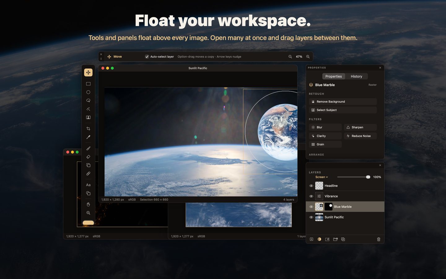 Floating tool and layer panels over several image windows