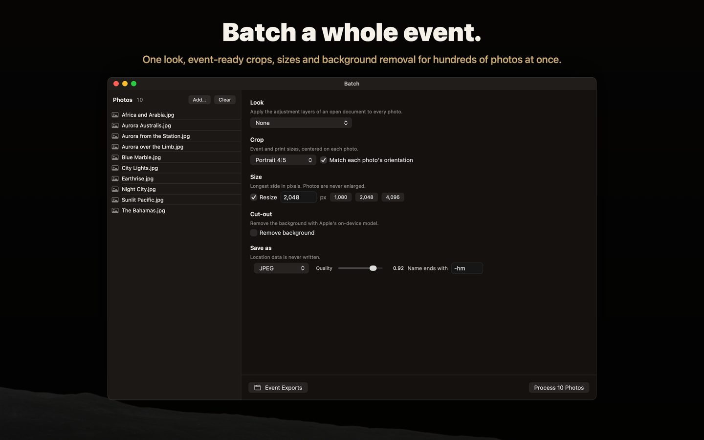 The batch window with crop, size and format settings
