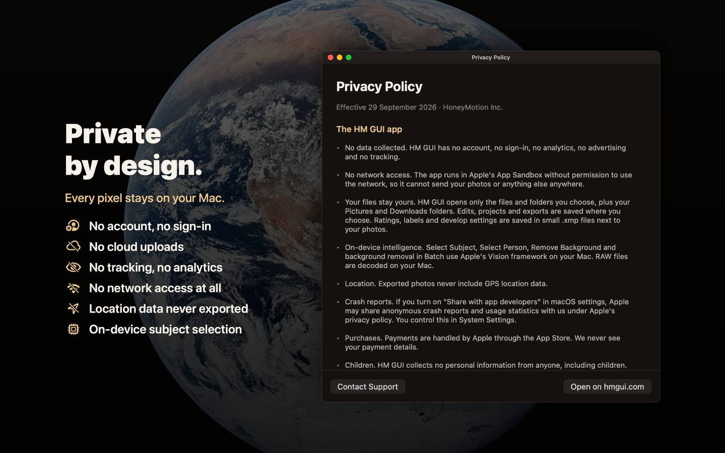 HM GUI's privacy promises next to the app